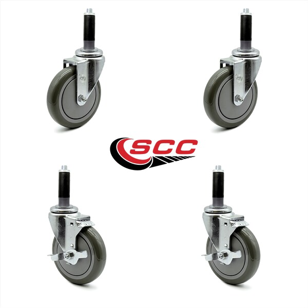 5 Inch Gray Polyurethane Swivel 7/8 Inch Expanding Stem Caster Brake SCC, 2PK